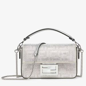 Fendi Baguette Mini Silver Crystal-Embellished Shoulder Bag With FF Motif